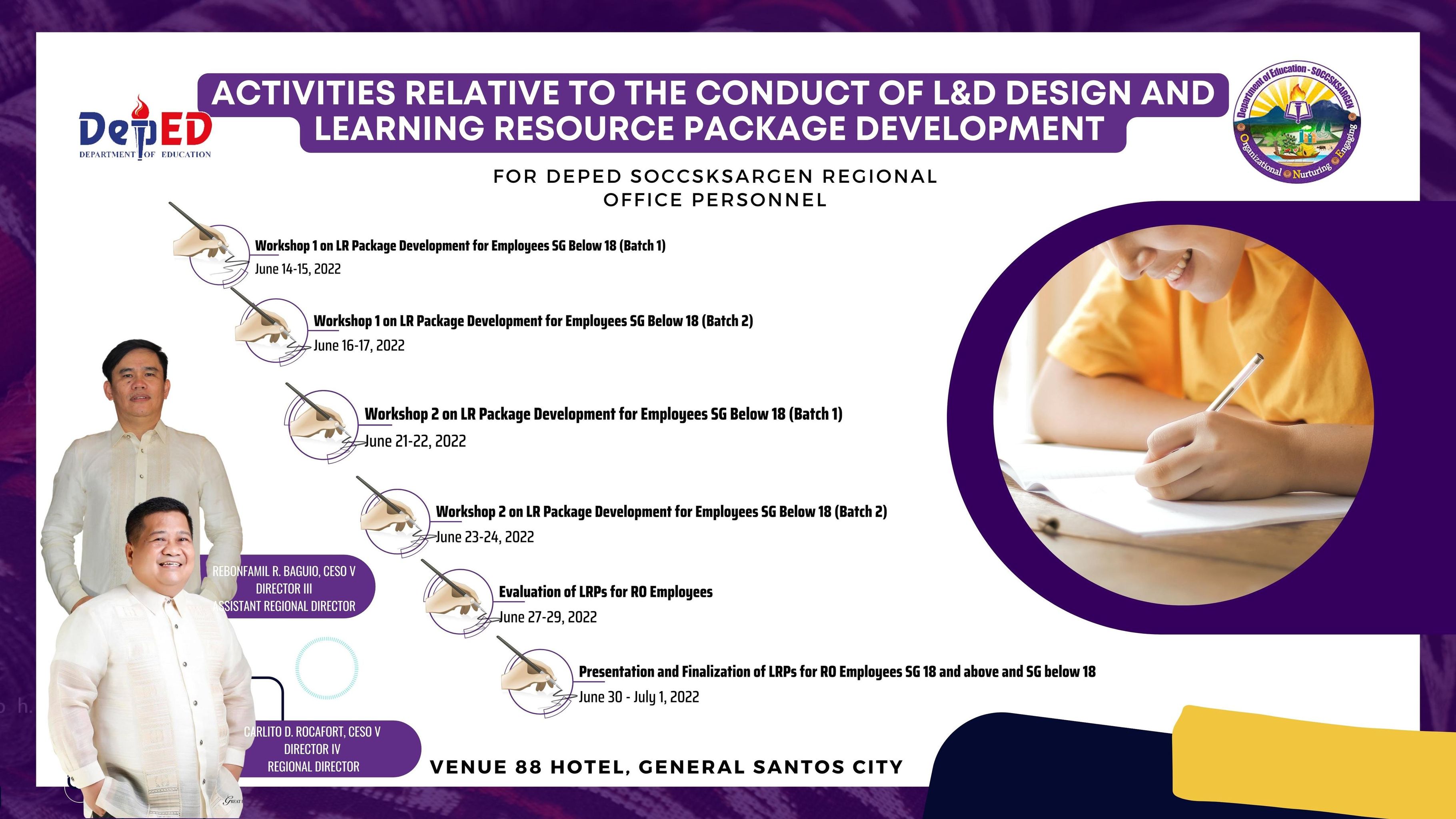 ACTIVITIES RELATIVE TO THE CONDUCT OF L&D DESIGN AND LEARNING RESOURCE PACKAGE DEVELOPMENT FOR DEPED SOCCSKSARGEN REGIONAL OFFICE PERSONNEL